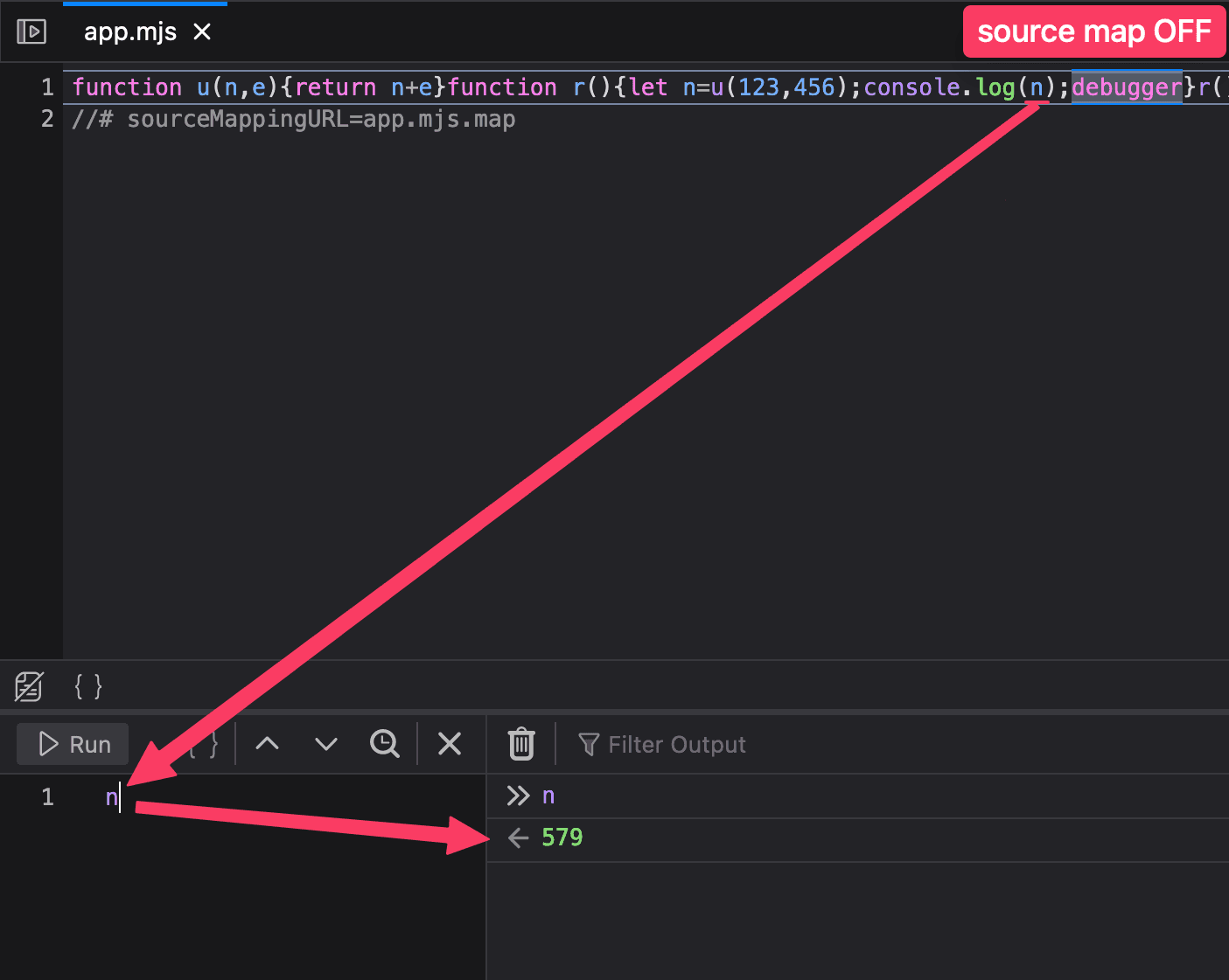 Screenshot of the Firefox console with source maps off