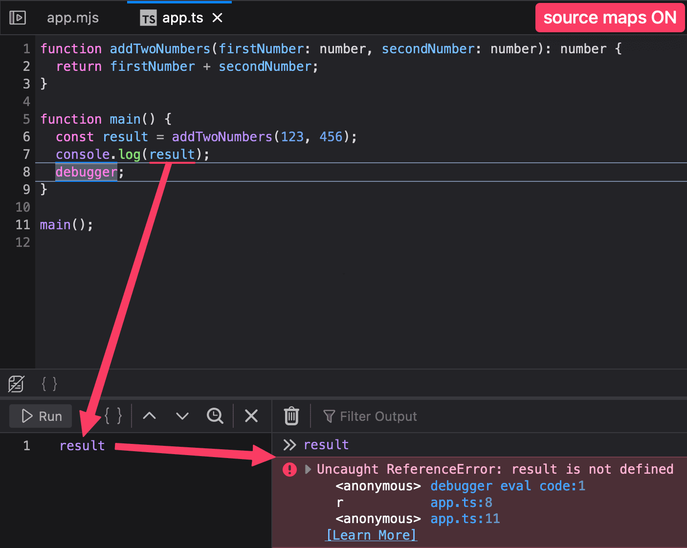 Screenshot of the Firefox console with source maps on